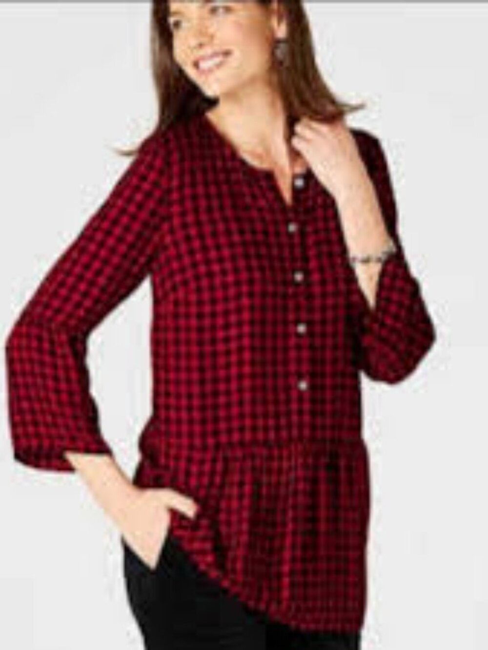 J. Jill Red and Black Buffalo Plaid Peplum 3/4 Bell Sleeve Top Shirt Size XLP